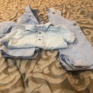 First Impressions Blue and White Seersucker Baby Blazer, Overalls & Shirt Set
